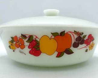 Anchor Hocking Hildi Fruits Milk Glass Casserole Dish