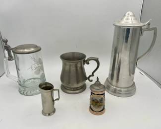 Glass, Metal, and Porcelain Beer Steins (5)