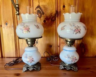 Electric Hurricane Lamps with Floral Design on Milk Glass (2)
