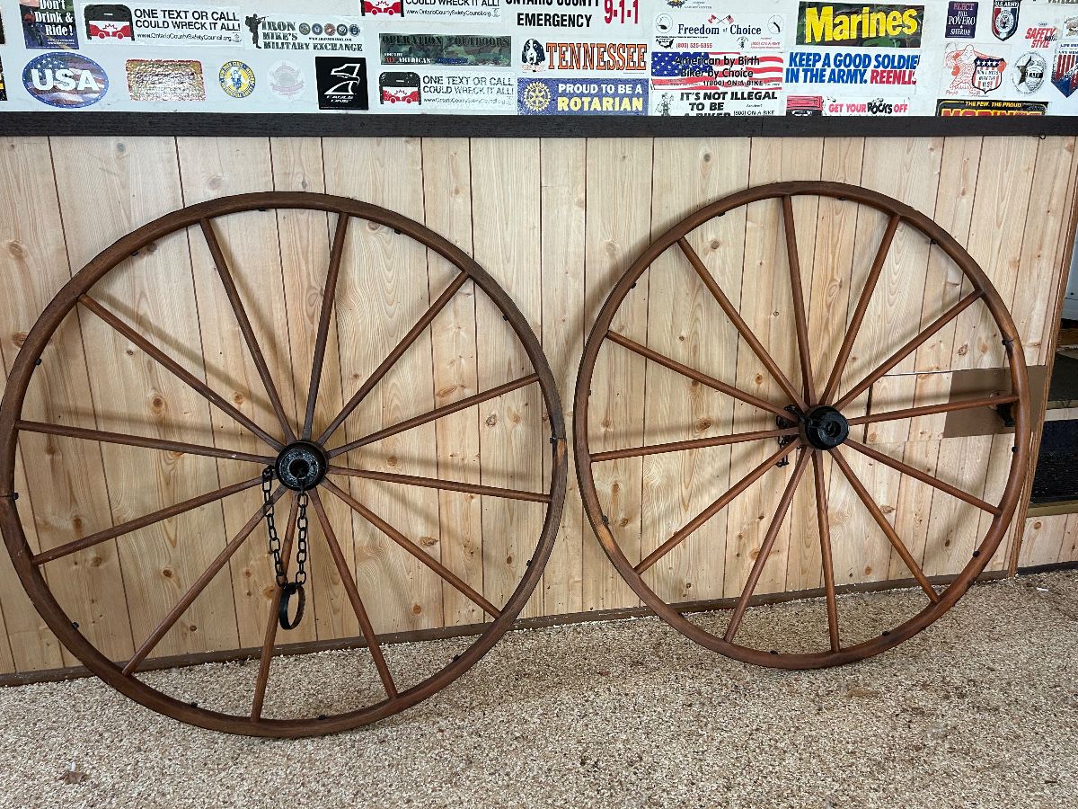 Antique wooden wagon wheels with a 44" diameter