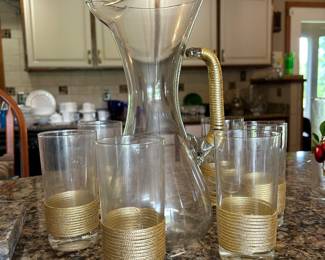 MCM 1950's Vintage Crystal Glass Pitcher 6 Glasses Gold Cord Details