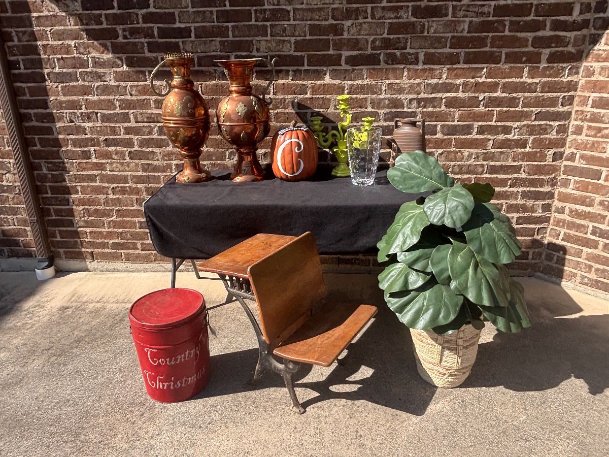 COPPER VASES, ANTIQUE DESK, TIN CAN, ARTIFICIAL PLANT, CANDLE HOLDER, VASES, FALL DECOR
