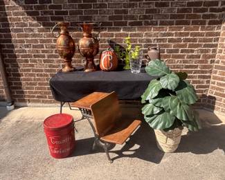 COPPER VASES, ANTIQUE DESK, TIN CAN, ARTIFICIAL PLANT, CANDLE HOLDER, VASES, FALL DECOR