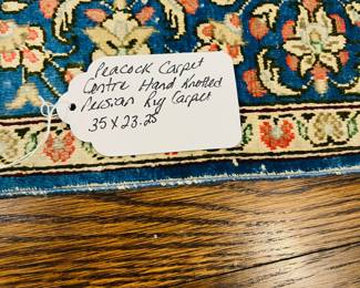 M34 - $75. Peacock Carpet Centre Hand Knotted Persian Rug / Carpet. Measures 35" x 23.25".