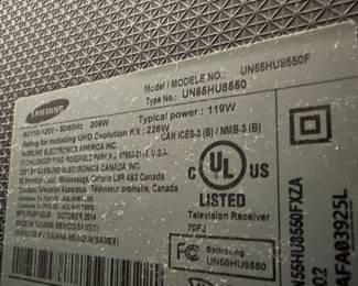 M19 - $75. Samsung Model UN55HY8550F. October 2014 Model. 55-inch Class 4K Ultra HD 3D Smart LED TV. NO LEGS - Does NOT include the wall mount.