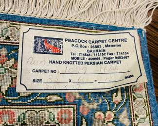M34 - $75. Peacock Carpet Centre Hand Knotted Persian Rug / Carpet. Measures 35" x 23.25".