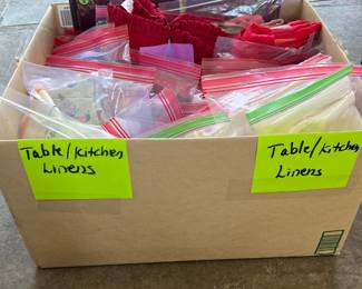 Table and bed linens, all cleaned and labeled with sizes. Many hand made with embroidery or hand-made lace.