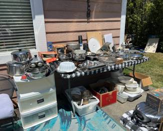 Large selection of pots and pans including Revereware and All Clad