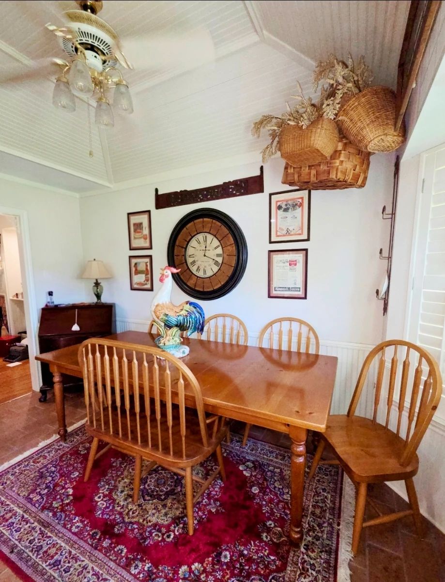 Vintage expandable dining room table with chairs and bench