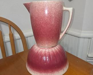 speckled splatter glaze mixing bowl and pitcher (as is)