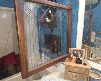 antique leaded glass wooden window frame