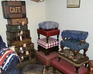 Vintage luggage suitcases. Upholstered / leather foot stools