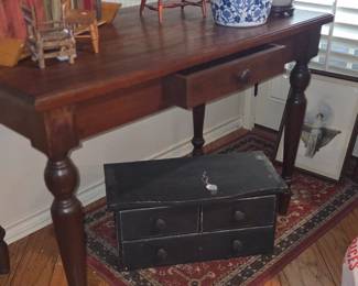 Vintage antique writing desk. Blue and white ginger jars
