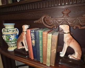Antique books. Whippet dog figurine