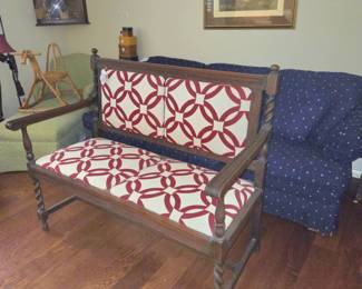 Quilt upholstered barley twist bench antique
