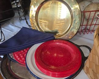 Enamelware plates, Silver-plated serving trays,