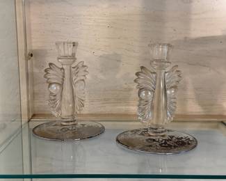 Vintage art deco candleholders with silver edging on bottom