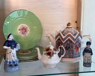 Minton display plates; Vintage blue and white dutch figurines, James Sadler Queen Elizabeth 1 Teapot; Vintage Royal Albert Boe China Old Country rose Teapot