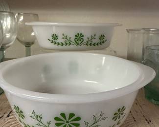 Glasbake casserole dishes in Green Daisy pattern