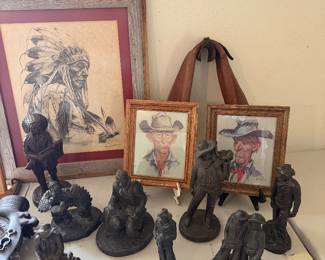 Duane Bryers Cowboy framed artwork; Largo resin statues in bronze finish; Dan Brewer "Reflections of a Coup" Framed Artwork