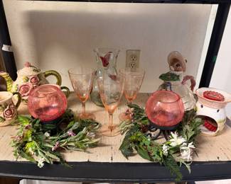 Pink depression glass goblets; Mouse teapot