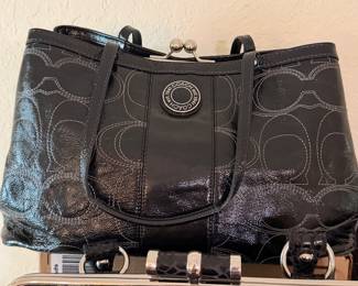 Black patent leather Coach signature tote bag