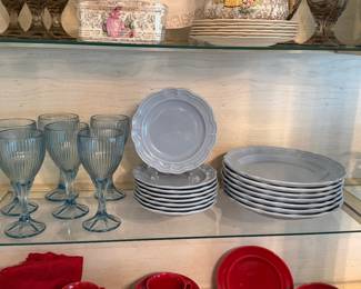 Scalloped edge plates in light blue, Fostoria Monet Light Blue wine glasses