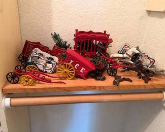 Vintage and Antique cast iron horse drawn carriages, horses, circus carriages