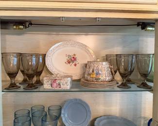 Noritake Sweet Swirl water goblets in Tawny Brown; Canonsburg Global Fragrance platter, Salder Crinoline Lady design biscuit barrel and plates