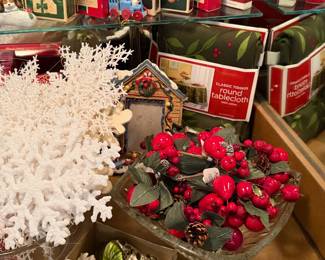 Christmas ornaments, decor, tablecloth