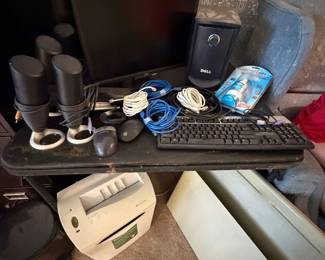 Monitors, computer tower, shredder, mouse, speakers, keyboard