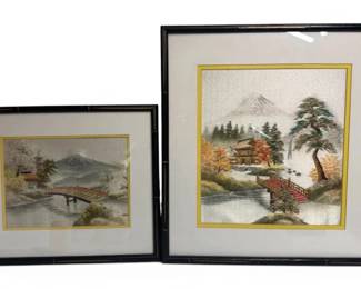 Two Silk Embroidered Mt. Fuji Landscape Scenes