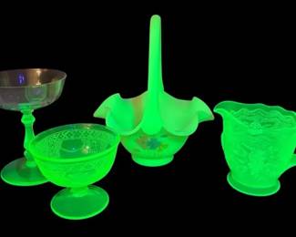 Uranium Fenton HandPainted Floral Custard Glass Basket Depression Uranium Glass