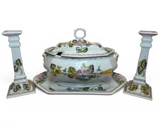 Jay Willfred HandPainted Portugal Soup Tureen Candle Holders
