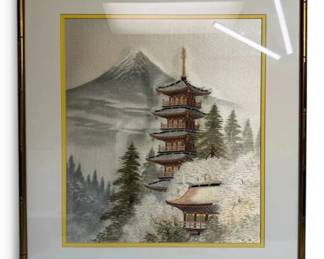 FauxBamboo Framed Silk Embroidered Pagoda Artwork