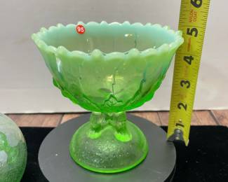 NORTHWOOD Green Opalescent Glass candy dish w glass ball