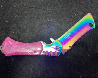 Rainbow folding knife pink handle