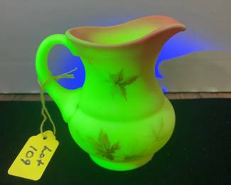 Fenton Art Glass Burmese Maple Leaf Creamer 45 glows under UV