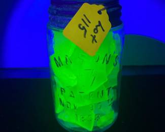 13 1858 mason jar wlid filled with uranium glass