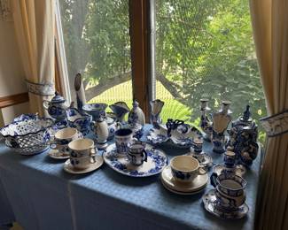 Huge collection of blue and white Russian pottery