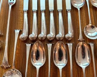 Incredible vintage C.W. Fletcher 99 piece sterling silver flatware set in the ‘Scroll’ pattern, a more elaborate version of the ‘Onslow’.  For reference, the four large serving utensils are 11 1/2” long 