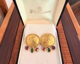 Vintage 18kt gold Seidengang earrings, never used.  These feature a person riding a flying horse and a drop of three stones.  One square bezel-set rhodolite garnet, one pear shaped bezel-set chrome tourmaline and one round bezel-set amethyst