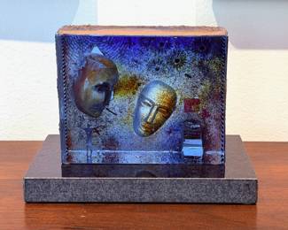 Sand-cast art glass sculpture by Bertil Vallien for Kosta Boda on granite stand