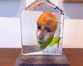 Art glass sculpture by Bertil Vallien for Kosta Boda on original wood stand
