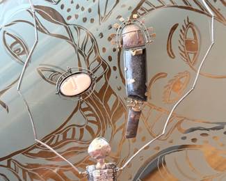Carolyn Morris Bach necklace and two brooches made of sterling, 18kt gold and various stone