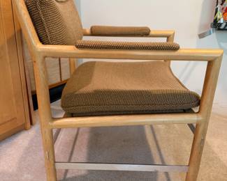 1970’s Edward Wormley for Dunbar ash wood w/ aluminum frame upholstered armchair with original wool fabric