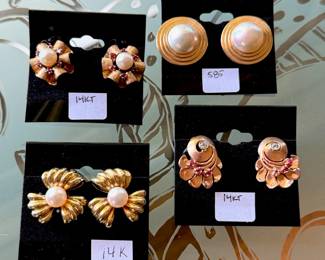 Sample of 14kt (585) gold earrings.  Most earrings are clip style