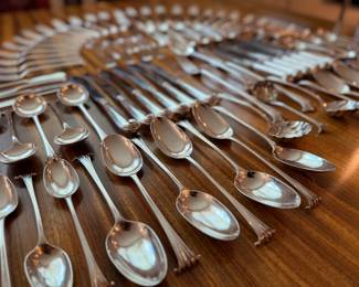 Incredible vintage C.W. Fletcher 99 piece sterling silver flatware set in the ‘Scroll’ pattern, a more elaborate version of the ‘Onslow’.  For reference, the four large serving utensils are 11 1/2” long 