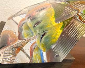 Art glass sculpture by Bertil Vallien for Kosta Boda on original wood stand