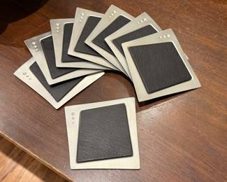 Set of 8 vintage pewter and leather coasters by Jon Michael Route